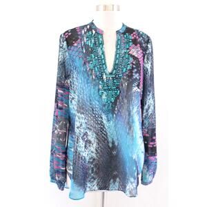 Hale Bob Abstract Snakeskin Print Turquoise Beaded Tunic Top Blouse Size M Blue